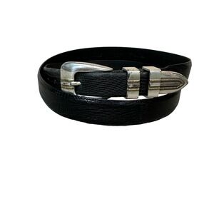 Tulliani Mens Black Lizard Embossed Leather Western Ranger Belt Silver Gold 48